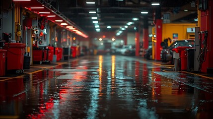 Wet floor of a car repair shop at night.