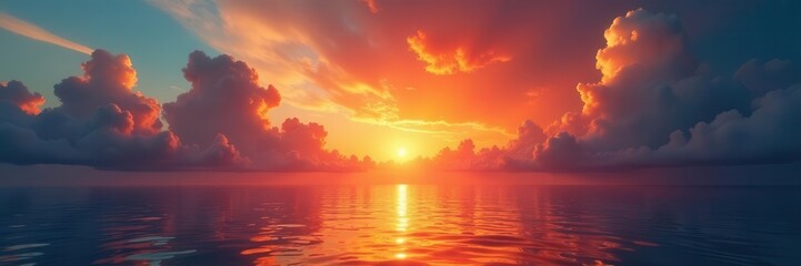 Fototapeta premium Fiery sunrise bursts over tranquil sea, painting clouds ablaze , sun, clouds, cloud