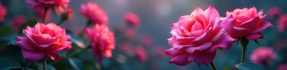 Glowing rose garden, swirling mist, iridescent petals gleam ,  iridescent,  surreal,  ethereal