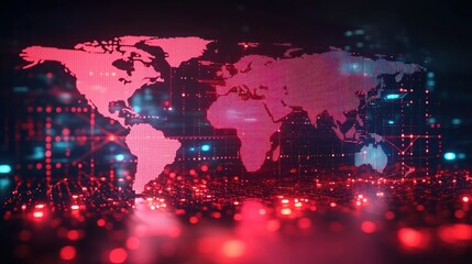 Digital world map overlayed, glowing red on a dark, dotted, and lit landscape