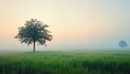 Obraz premium Lonely tree in a foggy field at sunrise with soft pastel colors in the background