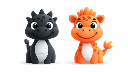 Cute Cartoon Black Dragon and Orange Giraffe Illustration