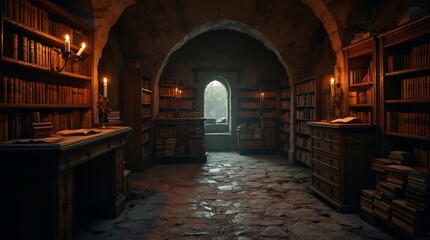 Underground library in the castle, old books, gothic shelves, candles, dark shadows, cinematic lighting