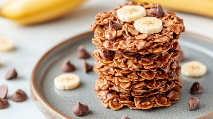 Delicious and Nutritious Banana Oatmeal Cookies Stacked on Plate with Chocolate Chips and Fresh Banana Slices