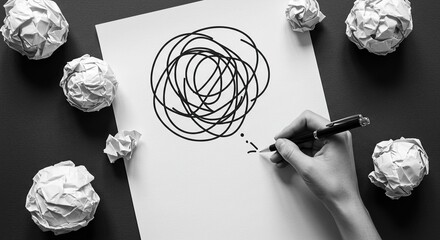 Black-and-White Hand Scribbling Chaotic Spiral with Crumpled Papers on Dark Background for Creative Struggle Concepts.