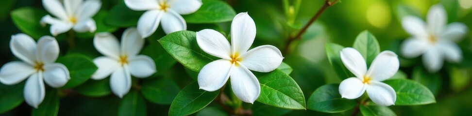 Fototapeta premium Overhead view of blooming white sampaguita jasmine , fragrance, white, botanical