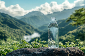 Clear water bottle set against a lush mountain landscape