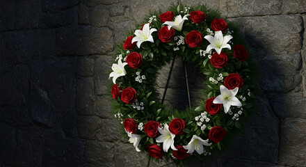 Traditional Memorial Wreath with Red Roses and White Lilies