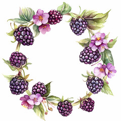 Colorful blackberry wreath with flowers created using watercolor technique Generative AI