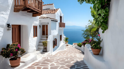 Whitewashed Coastal Village Street with Ocean View