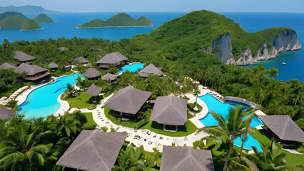 Luxurious resort nestled in tropical paradise overlooking turquoise ocean in El Nido, Palawan, Philippines