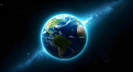 A deep blue planet with glowing light green oceans, orbiting a bright blue star in a galaxy full of stars, Ai Generated