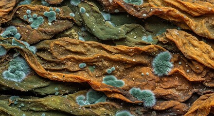 Closeup of moldy leaves revealing decomposition and fungal growth