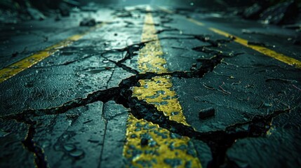 Cracked asphalt shows worn yellow lane markings under soft lighting, emphasizing its aged texture and details