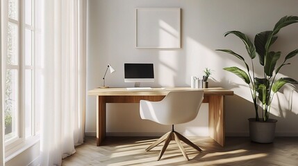 Fototapeta premium Serene Minimalist Home Office with Simple Desk and Fresh Plant