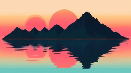 Fototapeta premium Twin Suns over Geometric Mountains with Ocean Reflection.