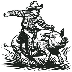 Vector illustration of cowboy riding bucking pig in western rodeo style. Black and white woodcut engraving of child cowboy with hat on wild boar in dynamic action pose.