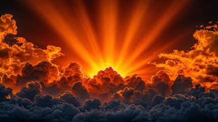 Dramatic sunset with bright sun rays over dark, billowy clouds at dusk