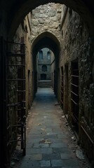 Obraz premium Underground prison in the castle, rusty bars, dilapidated walls, gothic patterns, dark shadows, cinematic shot