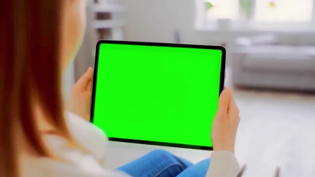woman holding tablet with green screen at home chroma key mockup for app demo UI design or digital content,  tablet green screen video animation
