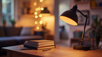 Obraz premium A vintage table lamp on a desk with books and a candle in a dark, luxurious bedroom, creating a cozy and elegant atmosphere