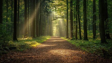 Fototapeta premium Sunbeams illuminating forest path