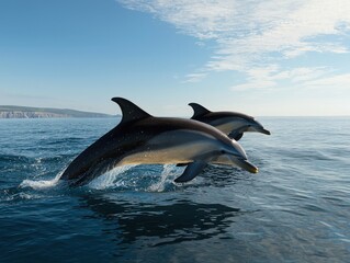 Obraz premium Playful Dolphins Leap Through Waves Under a Bright Blue Sky on the Ocean