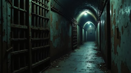 Obraz premium Underground prison in the castle, rusty bars, dilapidated walls, gothic patterns, dark shadows, cinematic shot