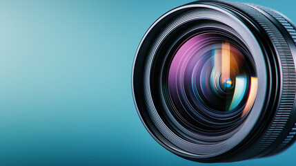 Close-up of a digital camera lens showing focus and zoom features with glass and black aperture, isolated on a white background, reflecting light and professional photography equipment