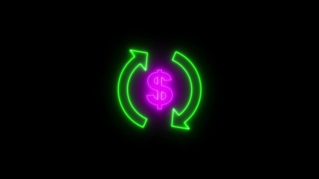 glowing neon dollar icon animation and neon circle rotation with black background.Neon glowing dollar icon animation in neon circle. Dollar icon.