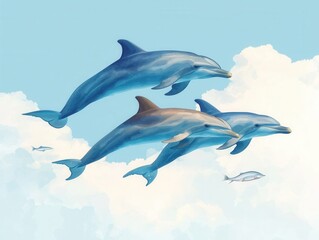 Obraz premium Playful Dolphins Swimming in a Dreamy Sky, Aquatic Mammals, Marine Life, Ocean Animals