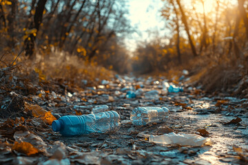 Obraz premium Pollution in a wooded area with plastic waste scattered