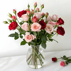 Fototapeta premium A beautiful bouquet of red and pink rosebuds arranged in a vase.
