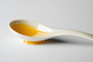 A white spoon holds a golden liquid, a glistening spill graces the surface below.