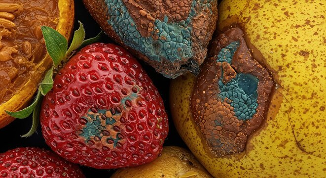 Moldy fruits highlighting decomposition and fungal growth in nature