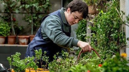 Young person tending garden plants