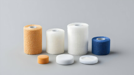 Collection of Cylindrical Textured Objects with Varying Colors and Shapes Against a Gray Backdrop
