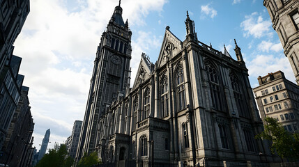 Fototapeta premium Detailed View Of A Gothic Architecture Stone Building Under Clear Blue Sky With Tall Tower And Ornate Facade Design