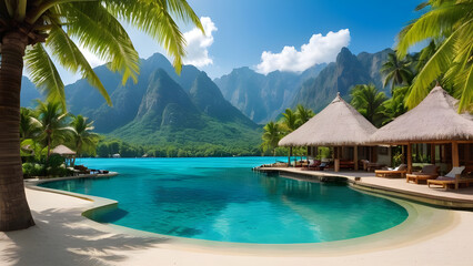 Luxury resort with swimming pool and overwater bungalows in Bora Bora, French Polynesia