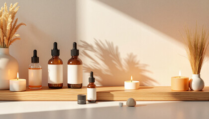 Aromatic essential oils on wooden shelf, cozy interior ambiance