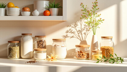 Cozy herbal medicine cabinet arrangement in bright kitchen, wellness concept