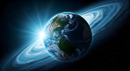 Fototapeta premium A frozen Earth-like planet with massive ice continents and swirling snowstorms, illuminated by a bright blue nebula, Ai Generated