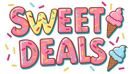 Naklejka premium Colorful text saying 'Sweet Deals' with ice cream cones and sprinkles, perfect for promoting desserts or sweet treats.