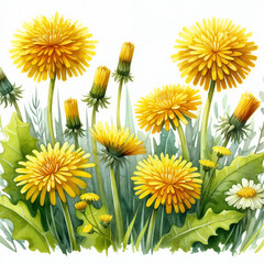 Vibrant field of dandelions and daisies in soft sunlight surrounded by lush green grass