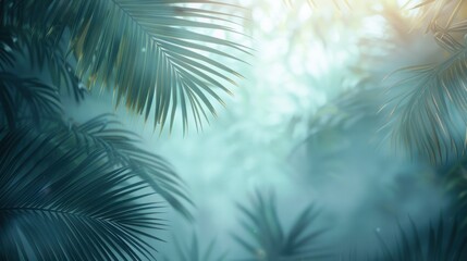 Soft palm leaf shadows merge with a misty tropical scene, evoking a tranquil and ethereal ambiance