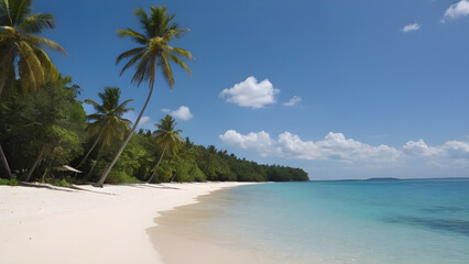 Tropical beach with coconut palm trees, white sand and turquoise water under blue sky