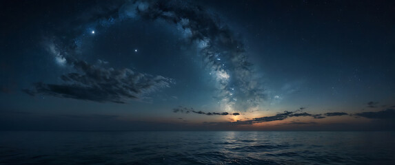 A panoramic night sky stretching over the open ocean, with the full moon casting a soft silver glow across the water. The waves gently ripple, reflecting the shimmering starlight.