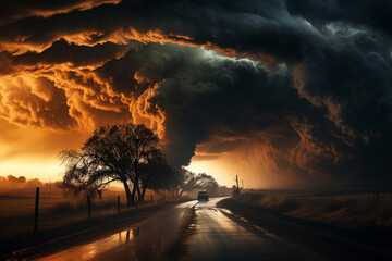 might and tumultuous splendor of a tornado, as its swirling vortex of tempestuous winds and scattered fragments evokes overwhelming grandeur of nature omnipotent strength