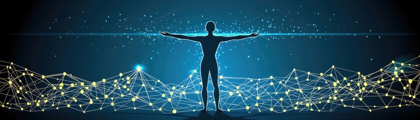 Silhouette with outstretched arms over abstract digital network background