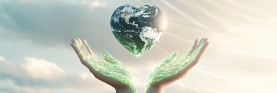 Earth heart held by digital hands with glowing clouds in background